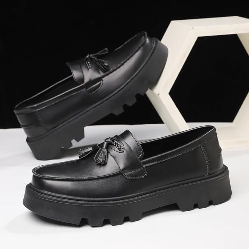 Image of Men's Black Soft Patent Leather Platform Chunky Heel Loafers Fashion Tassel Business Casual Formal Work Shoes Non-Slip Lug Sole Slip-On Penny Loafers