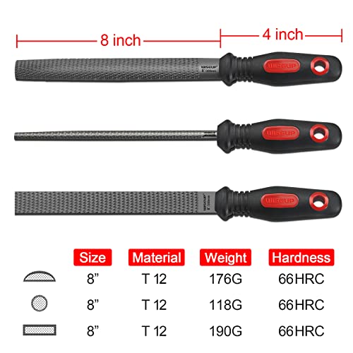Wiseup T12 Steel File Rasp Set 8-Inch Coarse Teeth For Metal,Steel 3Pcs Including Round,Half-Round,Flat File #TOP1