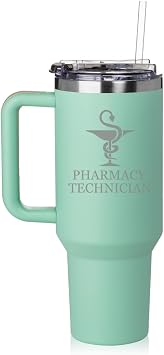 Daylor 40 oz Tumbler with Handle and Straw Lid Stainless Steel Insulated Travel Mug Cup Pharmacy Technician Sea Foam Green