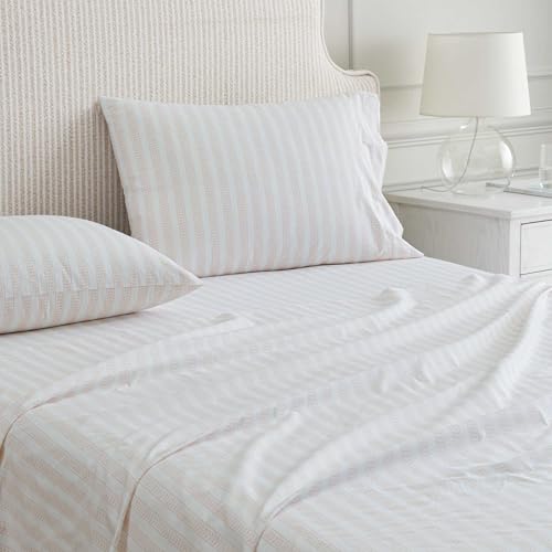 Image of Martha Stewart - Twin Size Sheet Set, Crisp & Tailored Sheets with a Smooth Cotton Percale Feel - Striped Bed Sheets with Matching Pillowcase & Fitted Sheet (Leaf Stripe Pink)