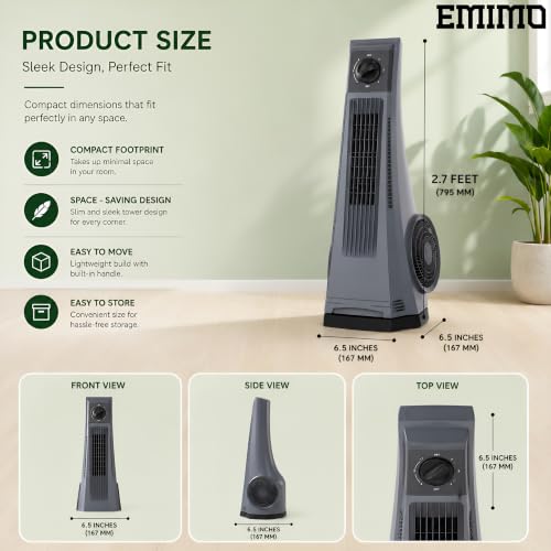 Image of EMIMO Tower Fan for Home & Office | Bladeless Oscillating Tower Fan | 180 Air Circulation with 3-Speed Knob Control | ABS Plastic Cooling Fan for Bedroom, Living Room & Workspace | Grey | 1 Unit