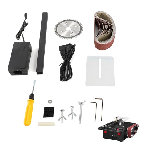 Domary Mini Kit de Sierra de Banco y Lijadora Banda con Pinza y Perforación Tallado para Carpintería, Artesanía Metal, Color Negro (Estándar enchufe la UE)