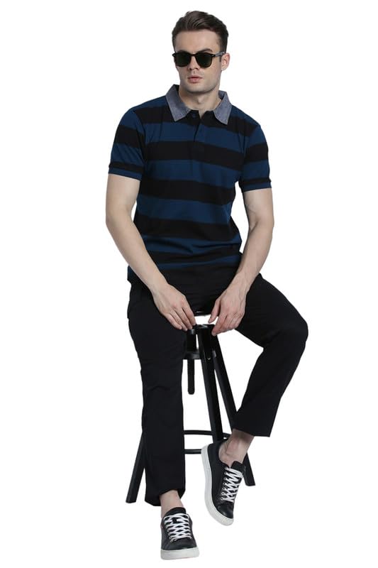 Image of Dennis Lingo Men's Cotton Grey Stripes Regular Fit Button-Down Half Sleeve Polo Tshirt