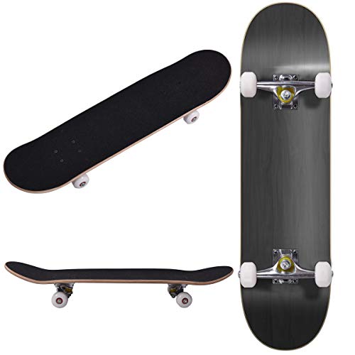 Double Kick-Tail Complete Skateboard 7-Ply Canadian Maple Wood Deck, for Professionals, Amateurs or Beginners (Black)