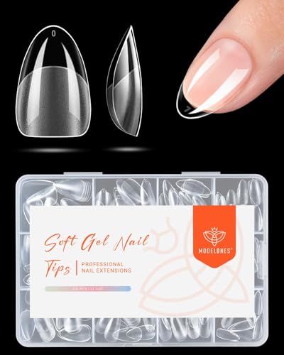 Image of Modelones Extra Short Almond Nail Tips Pre-shaped Gel Soft Fake Nails False | Acrylic Clear Full Cover Press on Extension Kit Gel Manicure DIY at Home 216PCS 12Sizes