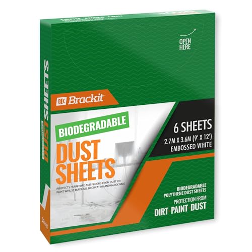Brackit 6-Pack Biodegradable Large Plastic Dust Sheets for Decorating - 2.7m x 3.6m (12ftx 9ft) - 20 Micron - Embossed White Sheets for Painting - Waterproof Plastic Sheets for Painting & Covering