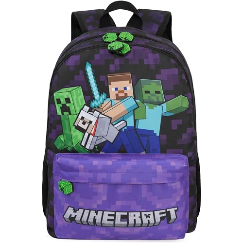 Get Trend Minecraft Sac a Dos Garcon, Fermeture Eclair et Bandoulière Réglable Cartable, Gaming Merchandise, Cadeau Garcon (Noir/Violet Minecraft)