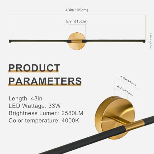 Image of Modern Bathroom Light Fixtures Over Mirror 43 Inch, 33W 360 Rotatable Dimmable 4000K Led Vanity Light Bar, Black and Gold Bathroom Vanity Lights Above Mirror