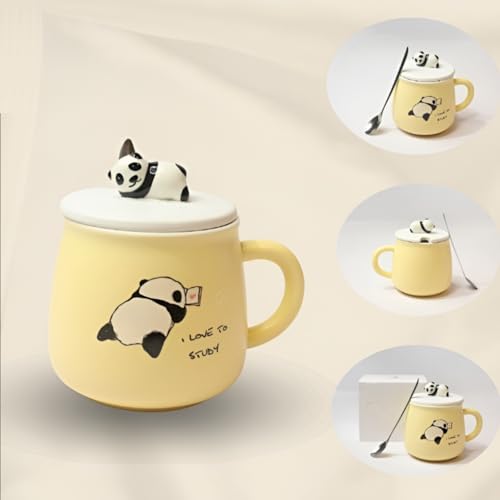 Image of NYRWANA Coffee Mug, Gift for Woman, Birthday Present for Girlfriend, Present for Wife Birthday, Mugs for Present, Panda Mug with Lid & Spoon (Yellow-350 ml)