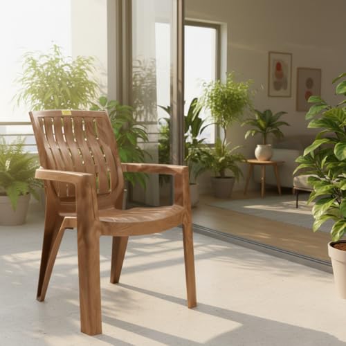Image of Single Plastic Chair for Home & Outdoor Use | Heavy Duty Comfortable Chair with Strong Legs | Easy to Clean | Suitable for Living Room, Balcony (Pack of 1-Spino | Sandalwood)