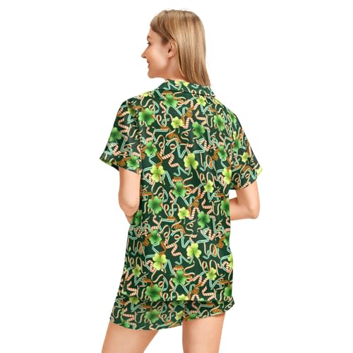 Image of Funny Pajamas for Women Set Print Satin Loungewear Pjs Short Sleeve Button Down Top and Shorts Sets Sleepwear XS-3XL