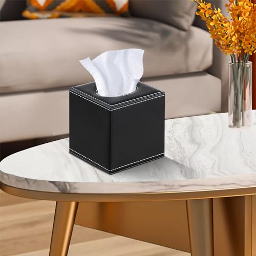 Tissue Box Cover Leather Black Square Napkin Holder Pumping Paper Case Dispenser, Stylish Facial Tissue Box Holder for Bathroom Vanity Countertops, Bedroom Dressers, Night Stands, Desks and Tables - Thumbnail 7