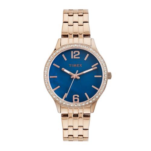 TIMEX Analog Watch for Women with Blue Dial & Rose Gold Stainless Steel Bracelet Band - Water Resistant Women's Wrist Watches -TWEL230SMU03