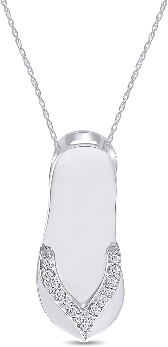 THE JEWEL ZONE Flip Flop Pendant Necklace for Women with White Natural Diamond Accents (I-J color/ I2-I3 Clarity) in 14K Gold Over Sterling Silver – 18" Rope Chain, Beach Inspired Jewelry Gift