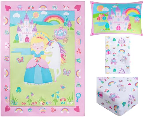 Image of Todays Kids Princess Toddler Bedding Set for Girls - 4-Piece Toddler Bed Comforter Sets for Girls, Reversible Comforter & Pillowcase, Flat Sheet, Fitted Sheet, Breathable & Super Soft Microfiber