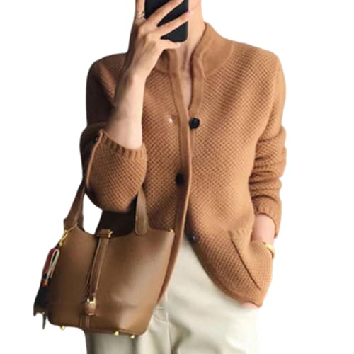Nbzsmlkn Chaqueta De Punto con Botones para Mujer, Cárdigan Informal De Manga Larga con Botones para Mujer, Chaqueta De Punto Holgada con Cuello Alto (Camello,XL)