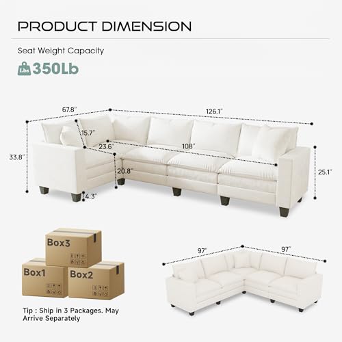 Image of 126 inch L Shaped Sectional Couch, Comfy Chenille Cloud Couch, 5 Seat Modular Cloud Sofa with 2 Pillows & Storage Armrests, Convertible V Shaped Corner Couch, Sectional Couches for Living Room, Beige