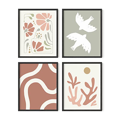 Coral and Green Set of 4-16x20 Framed Black