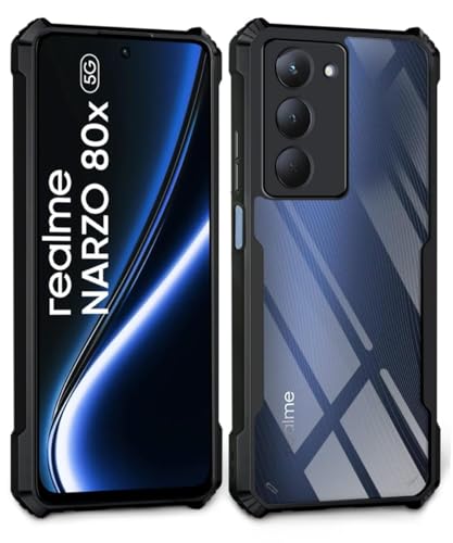 Image of WOW IMAGINE Shock Proof Clear Protective Back Case for Realme Narzo 80x 5G - AirEDGE Technology | 360 Degree Camera Protection | Transparent Hybrid Back Case Mobile Cover - Black