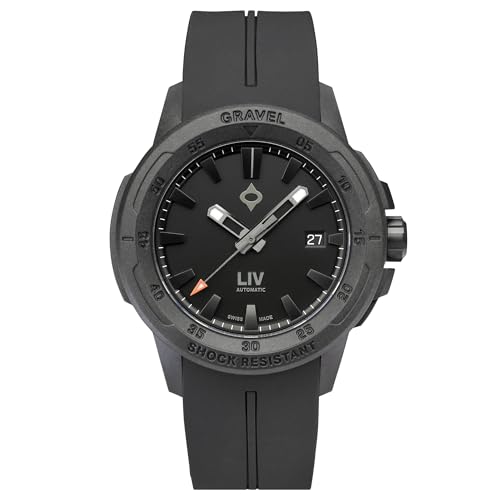 LIV Gravel 001 Collection Swiss automatic watch with black dial and rubber strap, showcasing rugged design and shock resistance, featured in a guide to high-tech Swiss watches.