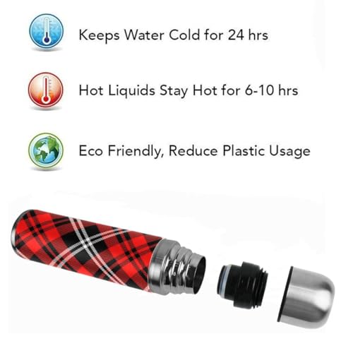 Aslsiy VP-001 Tartan Pattern Vacuum Thermos Black Red Plaid Insulated Water Bottle Stainless Steel Flask Bottles Travel Coffee Mug Genuine Leather Cover Bpa Free 17 Oz thumb #3