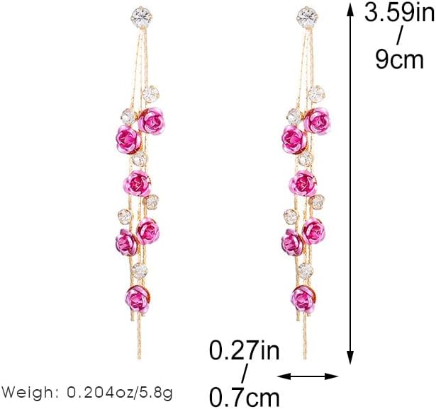 Elegant Long Rose Dangle Earrings for Women Gold Threader with Pink Floral Buds Crystal Bead Details Statement Fashion Jewelry for Wedding Party - Image 3