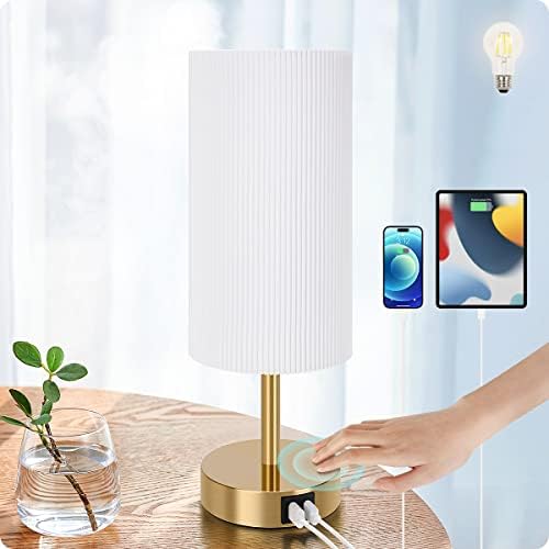 Bedside Lamp with USB Port - Touch Control Table Lamp for Bedroom, 3-Way Wood Dimmable with Pleated Round Shade for Living Room Bedroom Home Office (LED Bulb