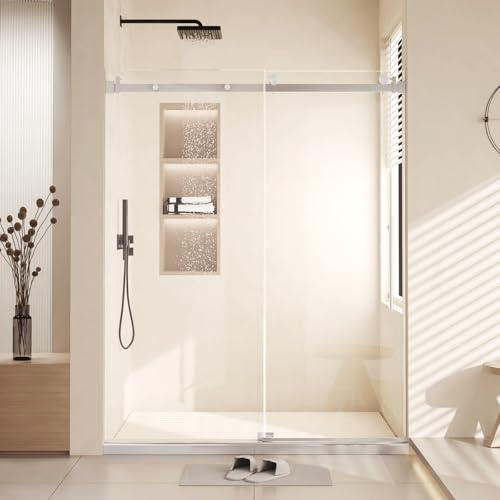 Image of Modern 60 inch w x 76 inch h (10Mm) Frameless Double Sliding Shower Door, Tempered Glass Shower Doors, Easy Installation for Walk-in Showers, Square Tube Nickel Brushed