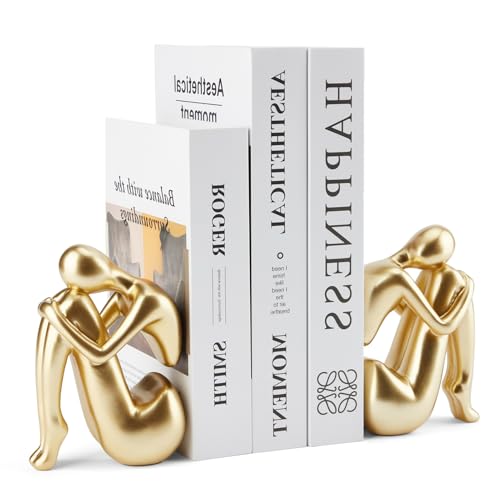 Xmeden Gold Bookends Book Ends, Unique Decorative Girl Thinker Design,Non-Slip Home Office Bookshelf Decor, Modern Book Holder for Shelves, Heavy Duty Resin Book Stopper for Books,1Pair/2Piece