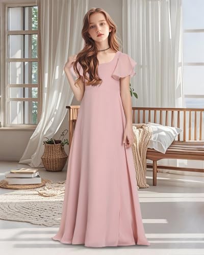 TAISHAN Junior Bridesmaid Dress for Wedding with Ruffle Short Sleeves & Slit - First Communion Dress for Teen Girls2