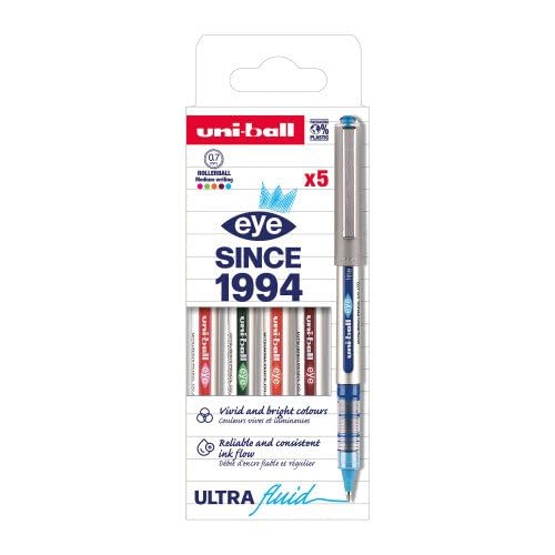 Stylo roller uni-ball Eye 0.7 mm pointe moyenne en pochette de 5 couleurs fun assorties