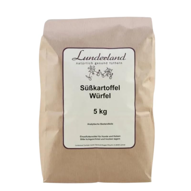 Lunderland Cubo di patate dolci, 5 kg, mangime per cani e gatti, fiocchi di verdure