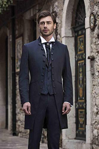 QZI Men's Suit Decorative Botton Stand Collar Long Coat Three-Piece Set3