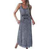 NANTE Top Loose Women's Dress Hippie Soul Print Long Dresses Sleeveless Length Skirt Tank Tops Ladies Gown O-Neck Sundress (Gray, S)