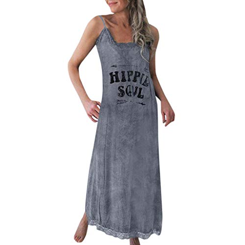 NANTE Top Loose Women s Dress Hippie Soul Print Long Dresses Sleeveless Length Skirt Tank Tops Ladies Gown O-Neck Sundress (Gray, S)
