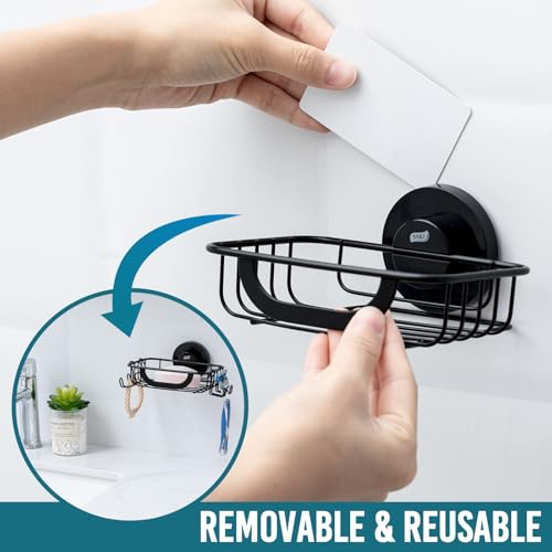 Image of TAILI Soap Holder, Soap Dish Suction Cup with Hooks, Stainless Steel, Black