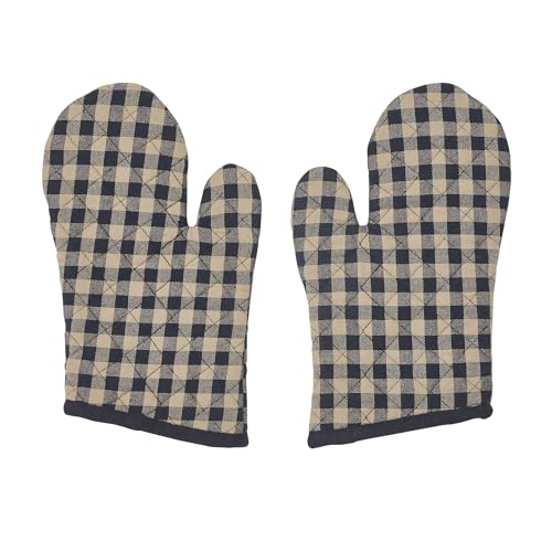 VHC Brands Cotton Oven Mitt Set of 2, Heat Resistant, Baking Glove Pot Holder, Kitchen Mitts, Black Check Collection, 12.5x8, Country Black