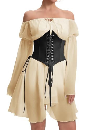 Image of Womens Corset Dresses Off Shoulder Bell Sleeve Casual Party Fairy Two Piece Outfits Bustier Dress