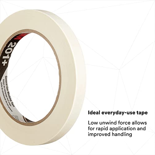 Image of 3M General Use Masking Tape 201+, Crepe Paper, Tan, 12 mm x 55 m, 72 /Case | 4.4 mil, Low Unwind, Clean Removal, Easy Tear, Resist Slivering