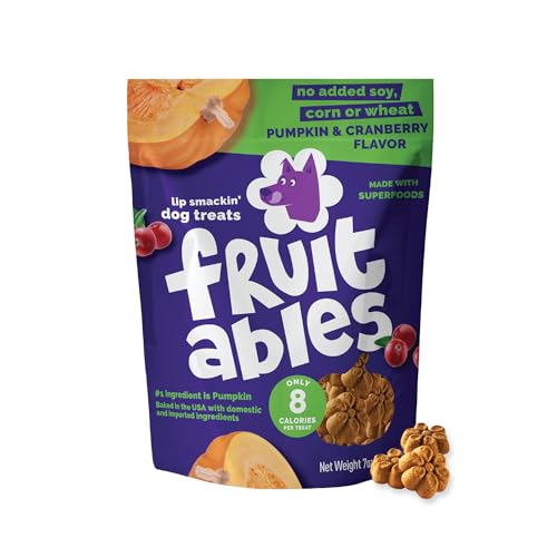 Fruitables Baked Dog Treats, Healthy Pumpkin Snacks for Dogs, Low Calorie & Delicious, No Wheat, Corn or Soy, Puppy Training Treats, Made in the USA, Pumpkin and Cranberry Flavor, 7oz