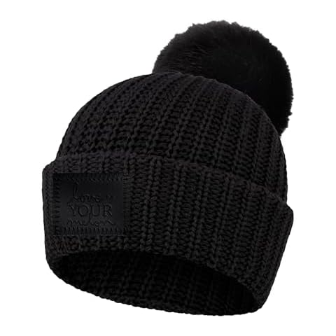 Love Your Melon Beanie for Men & Women, Leather Pom Beanie Black, Winter Hats, Unisex Beanies, 100% Cotton Made Lined Knit Warm Thick Skully Cover