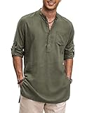 COOFANDY Mens Short Kurta Indian Shirts Cotton Linen Collarless Henley Shirts Long Sleeve Casual Beach Tunic Tops Army Green