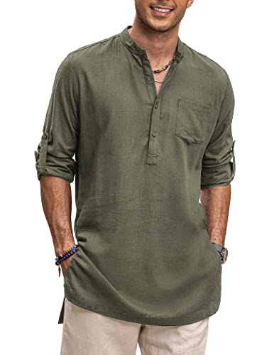 COOFANDY Mens Short Kurta Indian Shirts Cotton Linen Collarless Henley Shirts Long Sleeve Casual Beach Tunic Tops Army Green