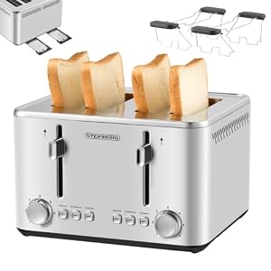 Steinborg® Broodrooster met 4 schijven, 1900 W, broodrooster met lange sleuf, broodrooster met 2 broodopzetstukken, ontdooi- en opwarmfunctie, traploze bruining, auto-centering, high-lift, kruimellade