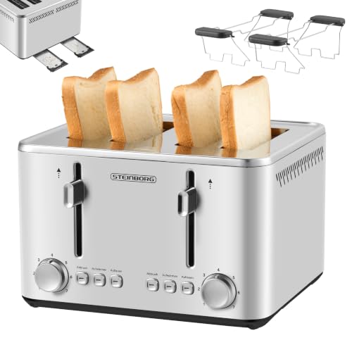 Steinborg® Grille-pain 4 tranches 1900 W – Grille-pain à fente longue avec 2 accessoires pour petits pains, fonction de décongélation et de réchauffage, brunissage en continu, centrage automatique