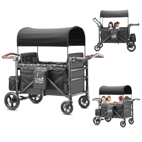 Image of Rovique Wagon Stroller 4 Seater – Includes Adjustable Canopy,Convertible Seats, Snack Tray, Parent Organizer, 5-Point Harness, Push/Pull Adjustable Handle