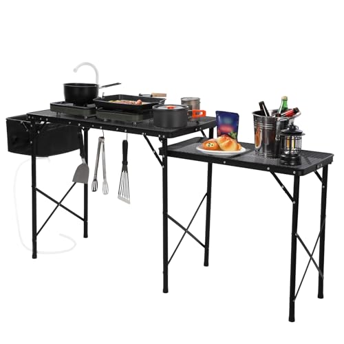 REDCAMP Portable Grill Table with Sink for Outside, Lightweight Aluminum Frame Folding Grill Stand Table with Adjustable Height for Camping Picnic Cooking BBQ, 36 x 20 x 31 in, Black