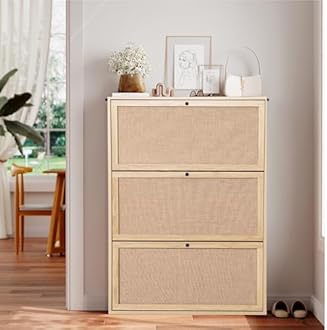 AVZEAR Narrow Shoe Storage Cabinet for Entryway with Natural Linen Panel, Freestanding Slim Shoe Cabinet with 3 Flip Drawers, Wood Shoe Organizer Closed Shoe Rack for Hallway, Living Room(Natural)