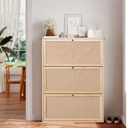 AVZEAR Narrow Shoe Storage Cabinet for Entryway with Natural Linen Panel, Freestanding Slim Shoe Cabinet with 3 Flip Drawers, Wood Shoe Organizer Closed Shoe Rack for Hallway, Living Room(Natural)
