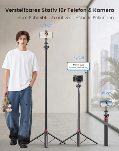 174 cm Handy Stativ mit Fülllicht, Selfie Stick Tripod mit Fernauslöser – Ansicht 3